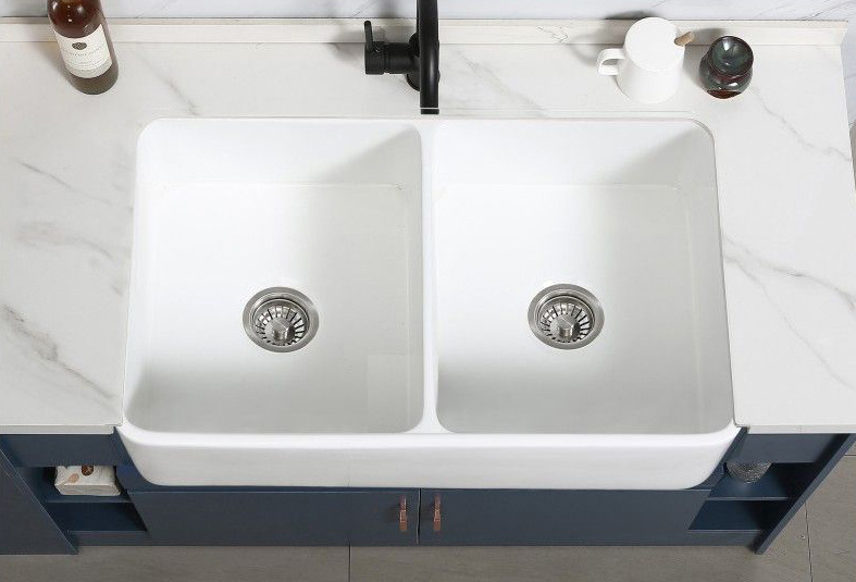 Farmhouse Sink Deep Double Bowl White Ceramic Porcelain Fireclay Apron-Front Kitchen Farm House Sink