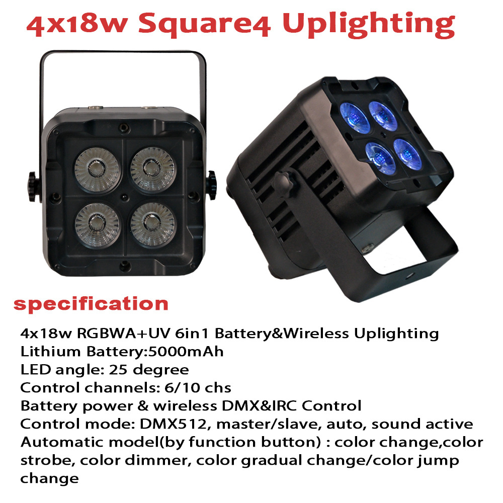 Muxxdj Super Bright 4x18w RGBWA+UV 6in1 Stage Uplights Battery Wireless Dj Lights DMX Led Par Light For Wedding Club Disco