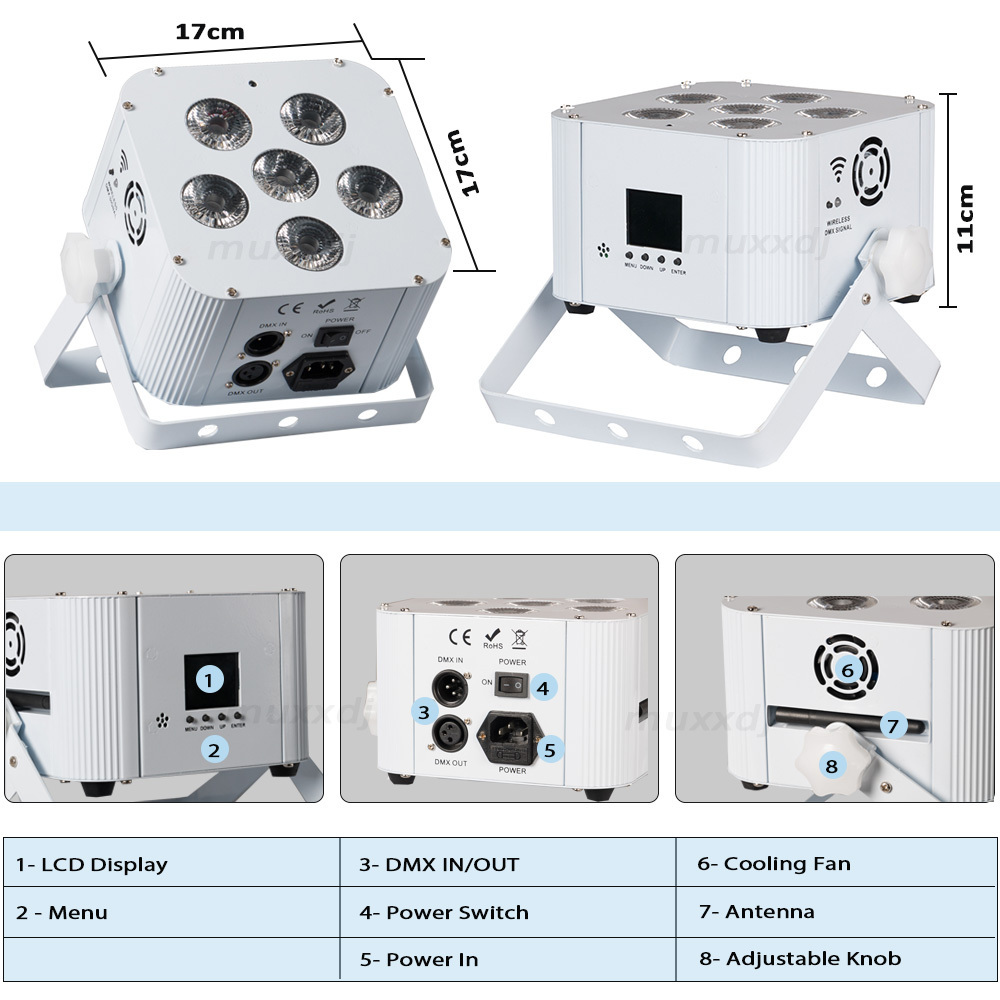 Muxxdj Wireless DMX Controlled 6x18w Uplight LED Battery Powered Par light Wedding Uplights for Party Lighting Stage light