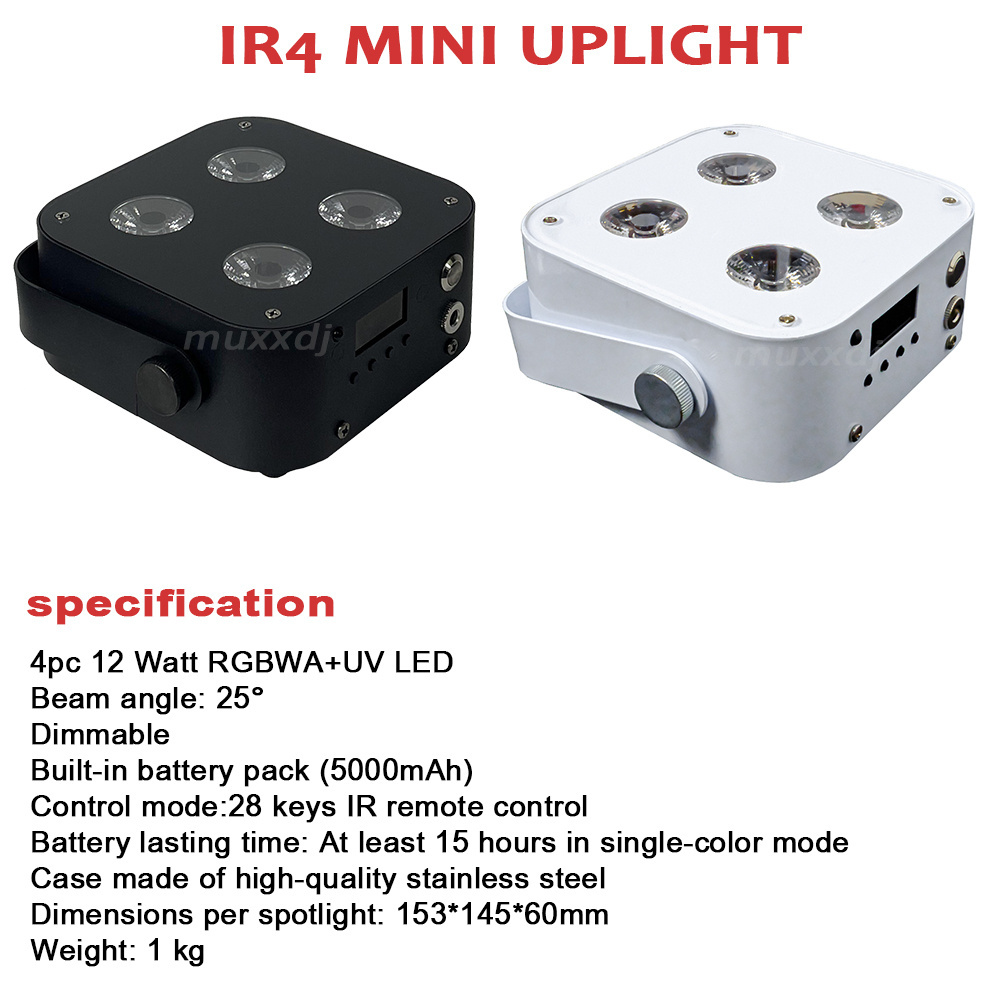 8pcs IR4 Uplights 4X12w RGBWA UV Wireless DMX LED Spotlight DJ Uplight Battery Operated Up Lighting for Wedding Club with a case