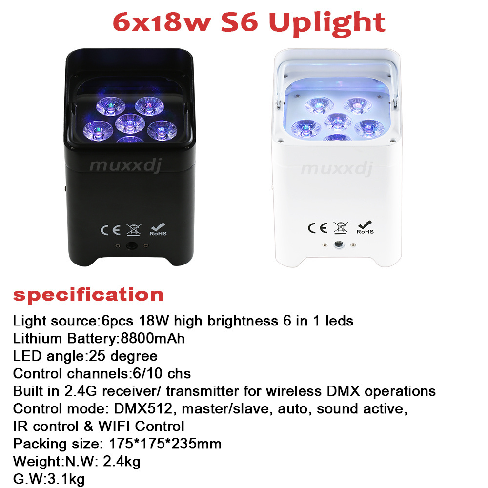 Wireless Battery Powered uplight 6x18W RGBAW UV 6in1 LED Uplight with Charging Case for Wedding Party Bar club