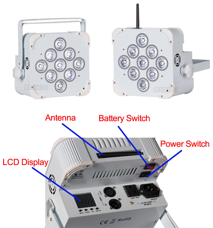 Muxxdj Wireless Battery LED Uplight RGBWA+UV 9X18W DMX512 LED Wall Wash DJ Stage Club Light for Wedding Party Disco Event