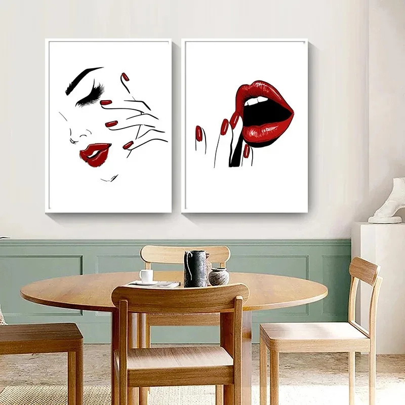 Home Decor Fashion MakeUp Lipstick Mascara Nail Polish Canvas Painting Beauty Salon Eyelash Red Lips Girl Wall Art Mural Hanging