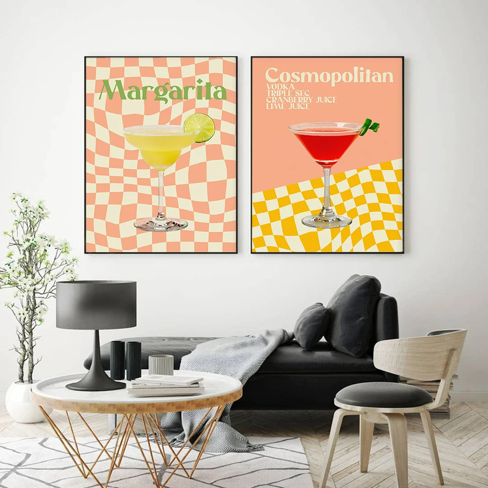 Nordic Color Grid Bright Pastels Fashion Art Print Cocktail Plant Canvas Painting Wall Art Picture for Dining room Home Decor