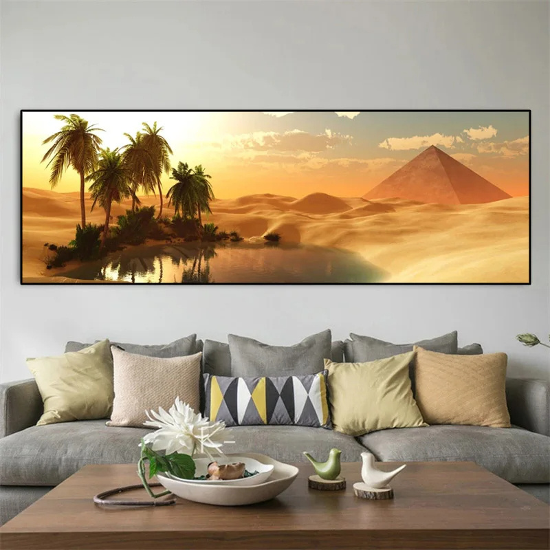 Landscape Panorama Oasis Sandy Desert Art Painting Sunset Sand Posters and Prints Wall Art Pictures for Home Decor