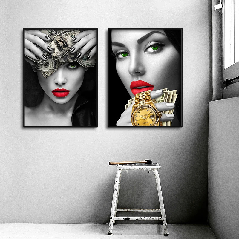 Home Decor Red Lips Smoking Woman Golden Watch Burning Dollars Money Cigarette Rich Girl Wall Art Mural Hanging Oil Painting