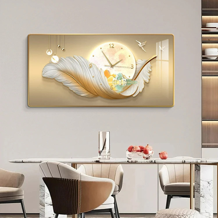 Light luxury restaurant clock wall Fashion silent clock feather home living room background wall clock