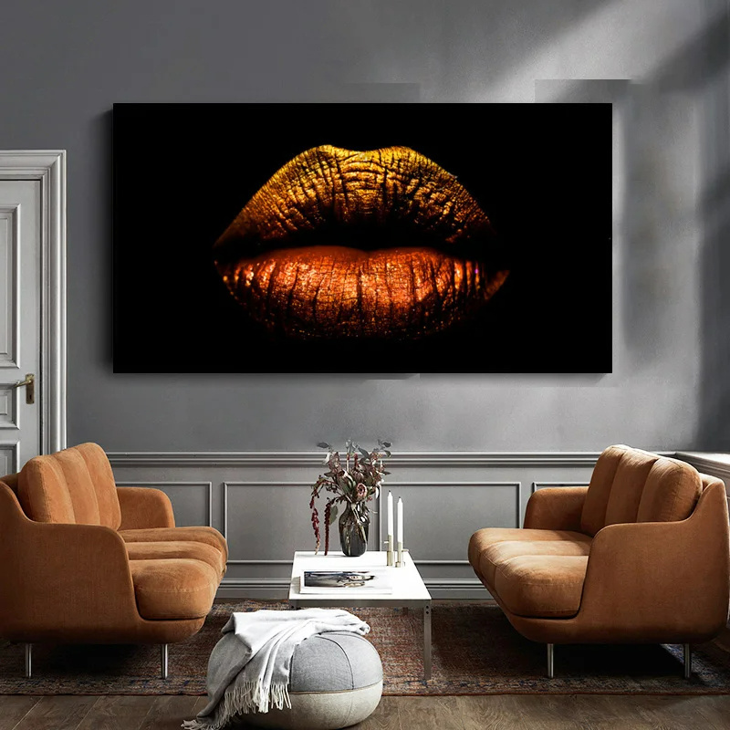 Home Decor Golden Lips Black Gold Art Sexy Lip Posters and Prints Wall Art Pictures Cuadros Canvas Oil Painting