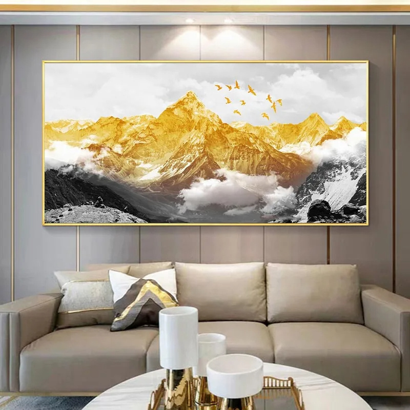 Modern Luxury Golden Mountain Bird Wall hanging Mural painting Abstract Landscape wall art designs for living room