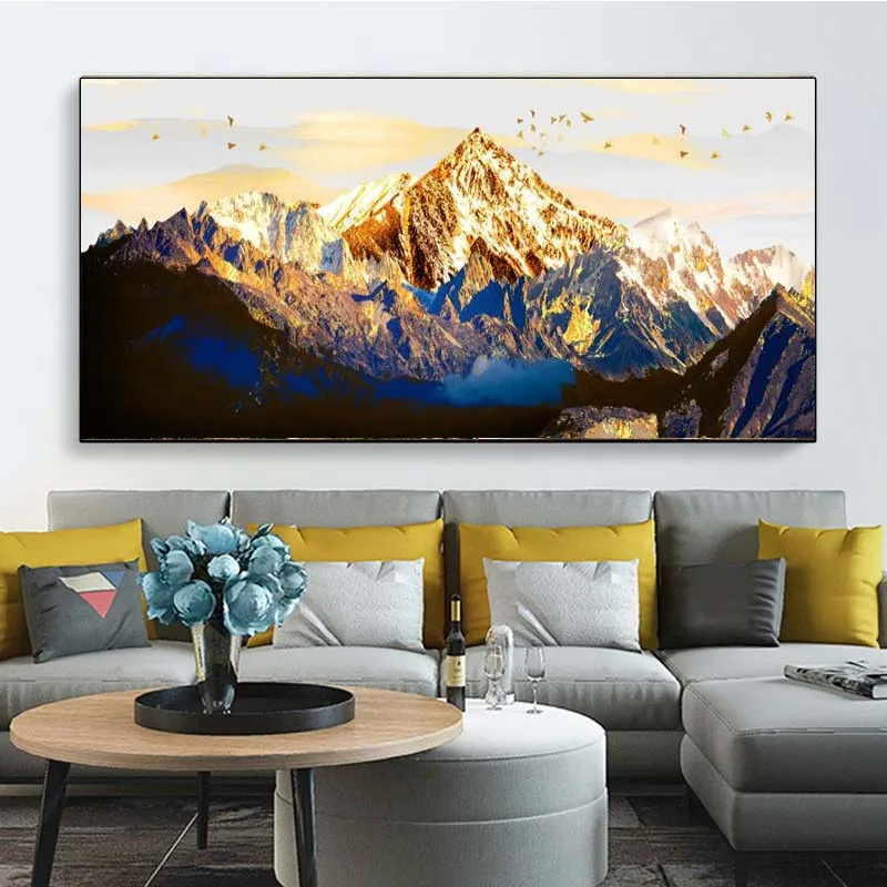 Modern Luxury Golden Mountain Bird Wall hanging Mural painting Abstract Landscape wall art designs for living room