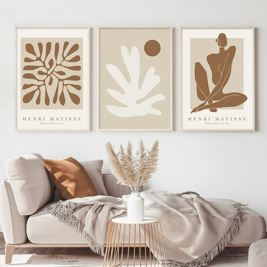 Boho Abstract Matisse Beige White Line Wall Art Poster Minimalist Canvas Paintings Print Picture Living Room Interior Home Decor