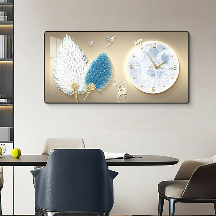 Light luxury restaurant clock wall Fashion silent clock feather home living room background wall clock