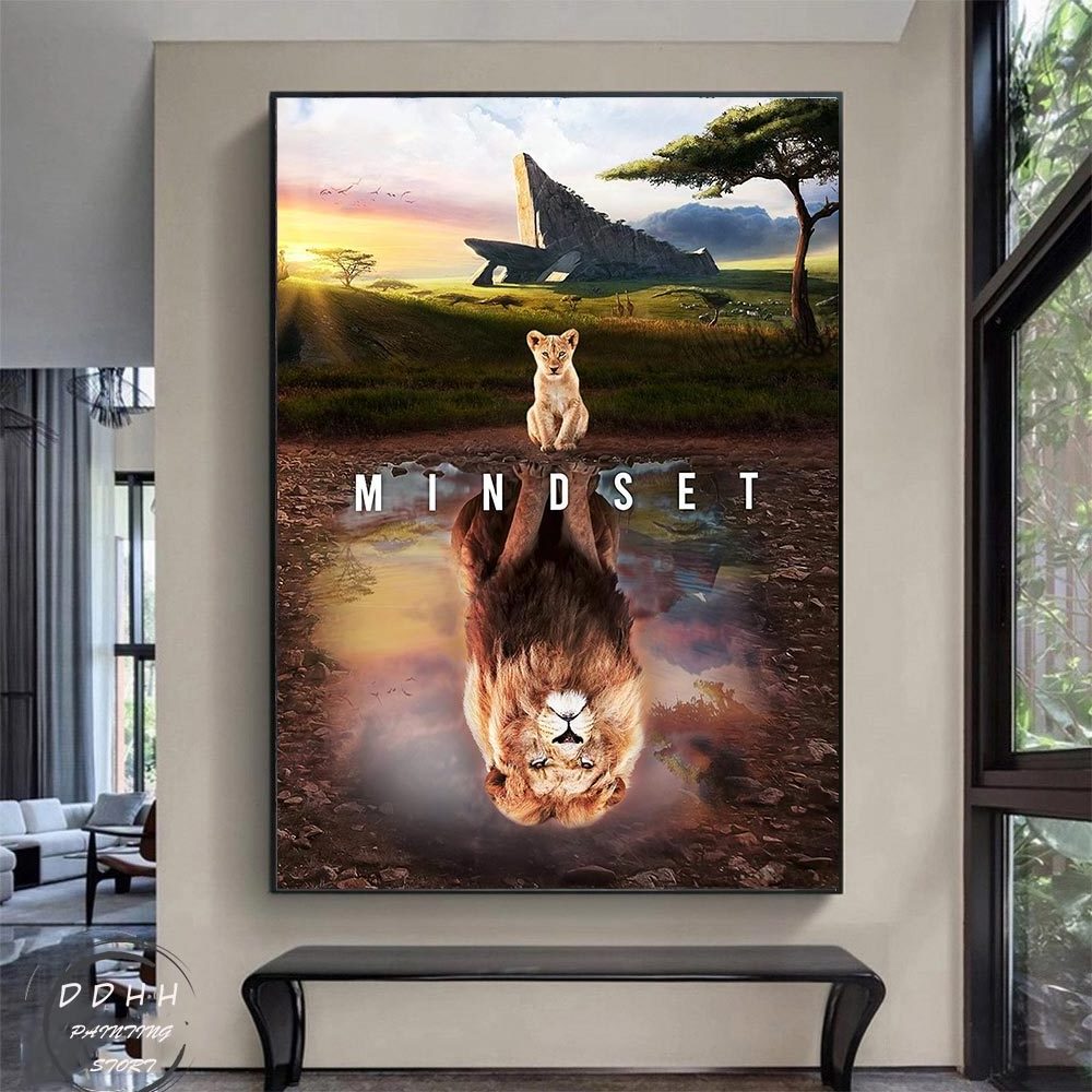 Text Animal HD Print Wall Art Mindset Is Everything Motivational Cat Lion Canvas Art Painting For Home Decor