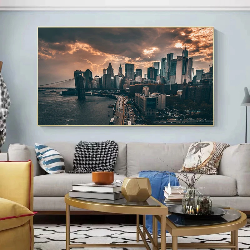 New York Manhattan City Skyline Night View Landscape Canvas Paintings Posters and Prints Wall Art Pictures for Living Room Decor