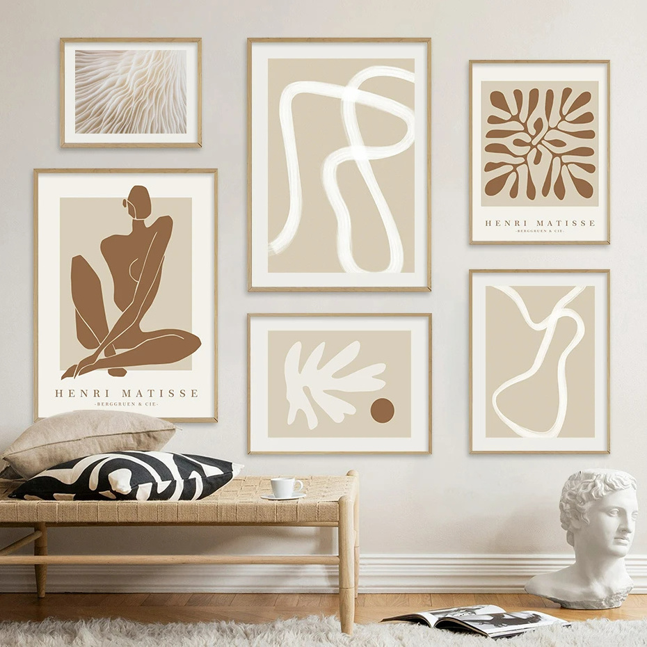 Boho Abstract Matisse Beige White Line Wall Art Poster Minimalist Canvas Paintings Print Picture Living Room Interior Home Decor