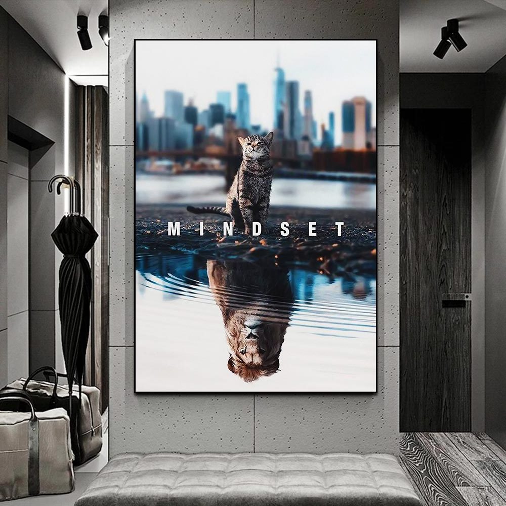 Text Animal HD Print Wall Art Mindset Is Everything Motivational Cat Lion Canvas Art Painting For Home Decor