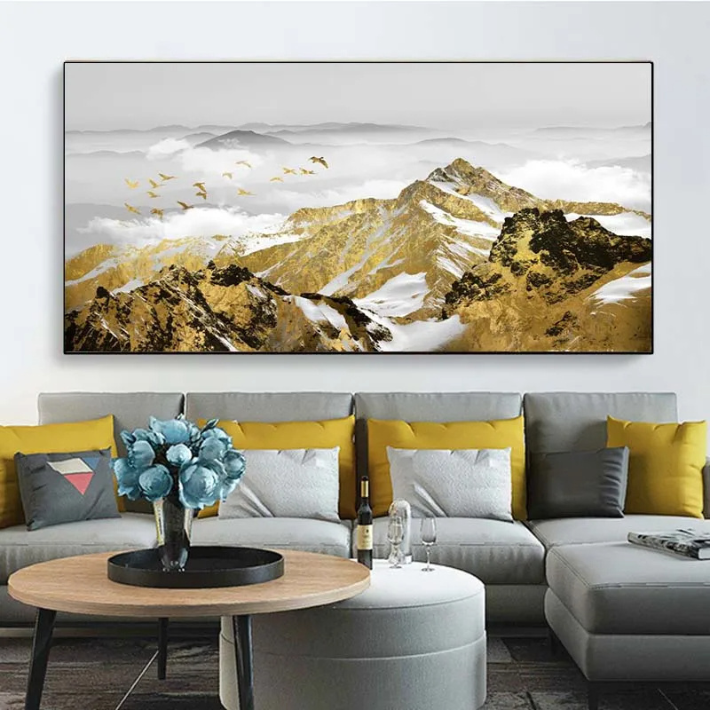 Modern Luxury Golden Mountain Bird Wall hanging Mural painting Abstract Landscape wall art designs for living room