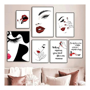 Home Decor Fashion MakeUp Lipstick Mascara Nail Polish Canvas Painting Beauty Salon Eyelash Red Lips Girl Wall Art Mural Hanging