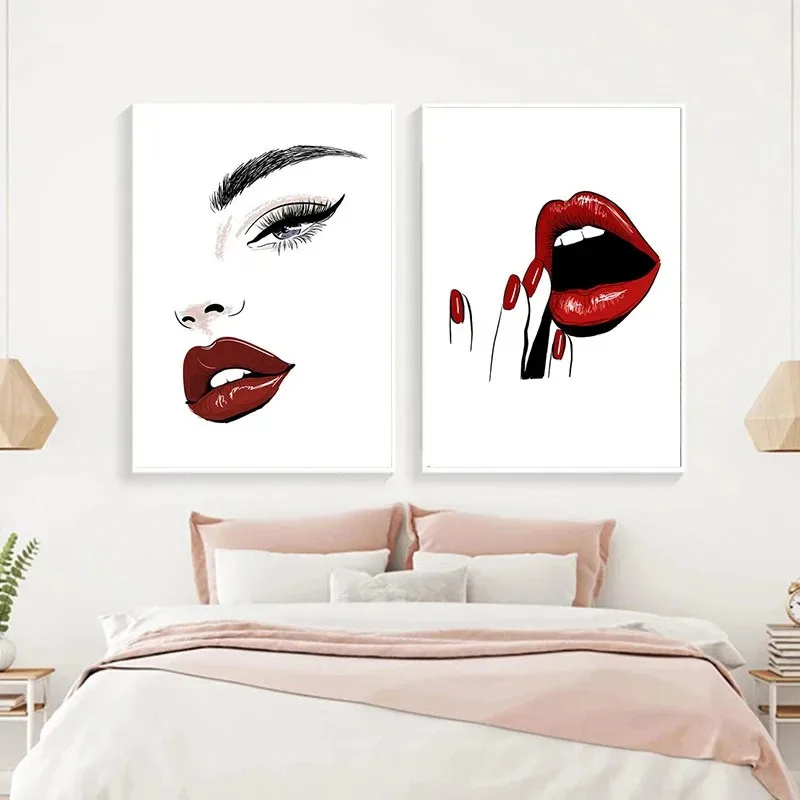 Home Decor Fashion MakeUp Lipstick Mascara Nail Polish Canvas Painting Beauty Salon Eyelash Red Lips Girl Wall Art Mural Hanging