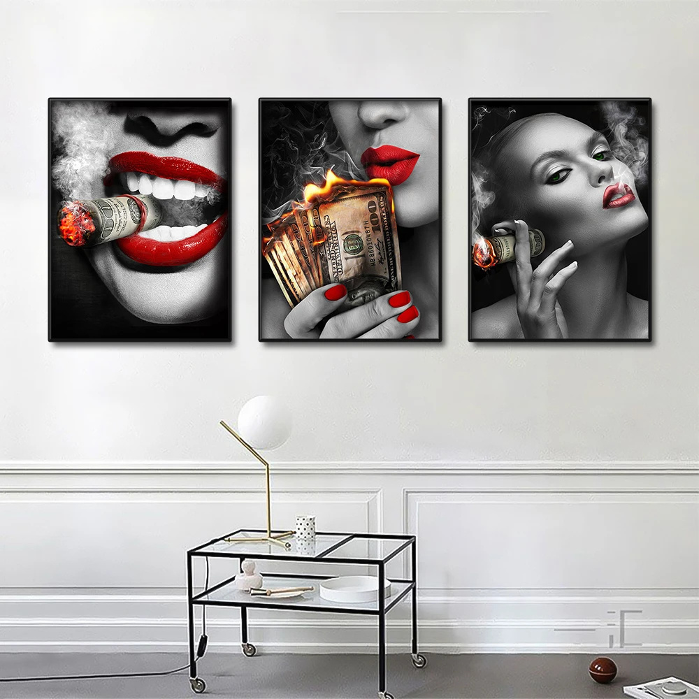 Home Decor Red Lips Smoking Woman Golden Watch Burning Dollars Money Cigarette Rich Girl Wall Art Mural Hanging Oil Painting