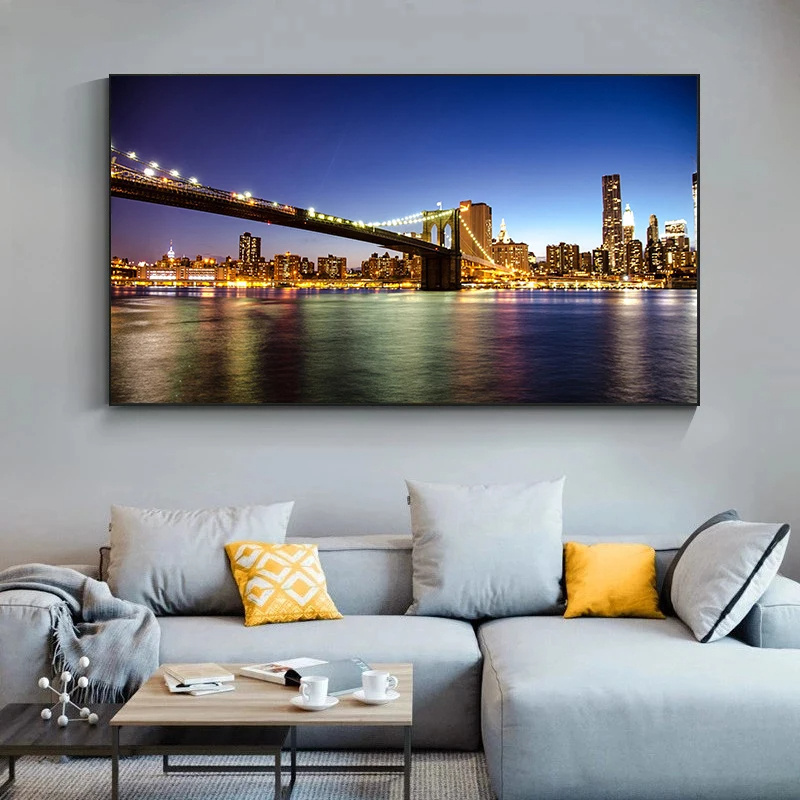 New York Manhattan City Skyline Night View Landscape Canvas Paintings Posters and Prints Wall Art Pictures for Living Room Decor