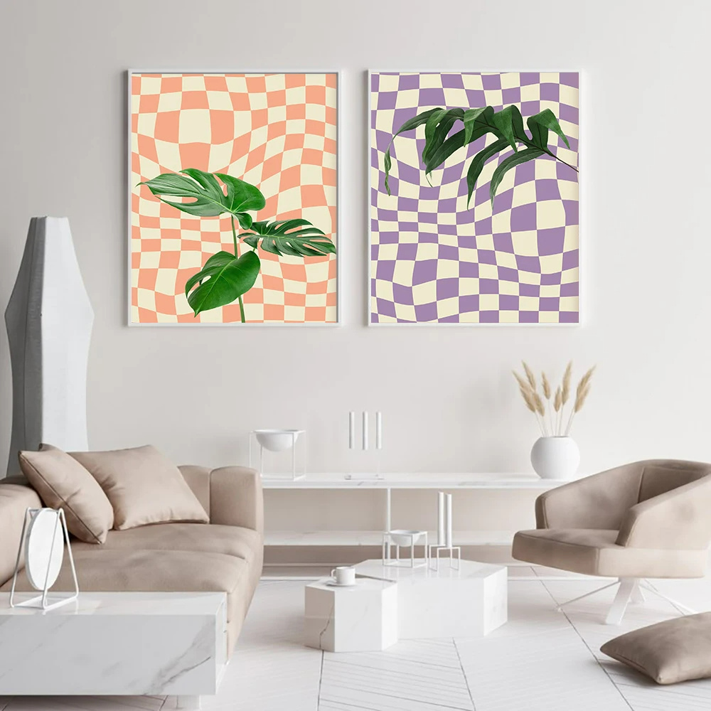 Nordic Color Grid Bright Pastels Fashion Art Print Cocktail Plant Canvas Painting Wall Art Picture for Dining room Home Decor