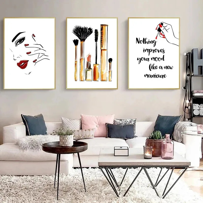 Home Decor Fashion MakeUp Lipstick Mascara Nail Polish Canvas Painting Beauty Salon Eyelash Red Lips Girl Wall Art Mural Hanging