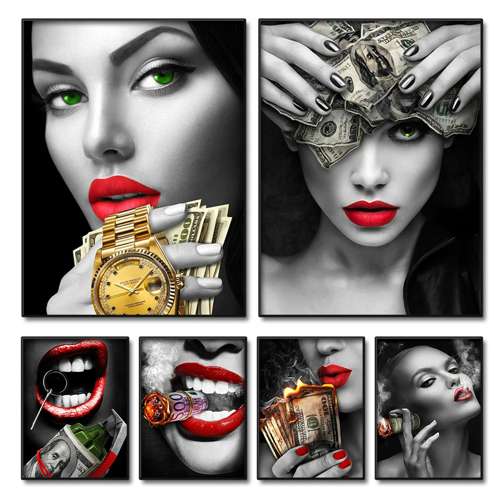 Home Decor Red Lips Smoking Woman Golden Watch Burning Dollars Money Cigarette Rich Girl Wall Art Mural Hanging Oil Painting