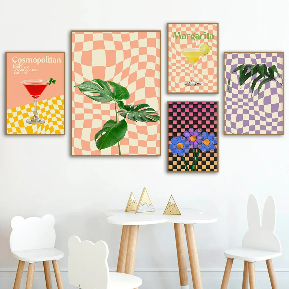 Nordic Color Grid Bright Pastels Fashion Art Print Cocktail Plant Canvas Painting Wall Art Picture for Dining room Home Decor