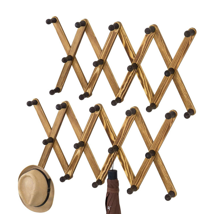 14 Hook Burnt Brown Wood Wall Mounted Expandable Accordion Peg Coat and Hat Hanger Rack Set of 2