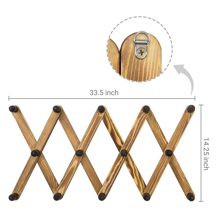 14 Hook Burnt Brown Wood Wall Mounted Expandable Accordion Peg Coat and Hat Hanger Rack Set of 2