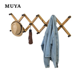 14 Hook Burnt Brown Wood Wall Mounted Expandable Accordion Peg Coat and Hat Hanger Rack Set of 2