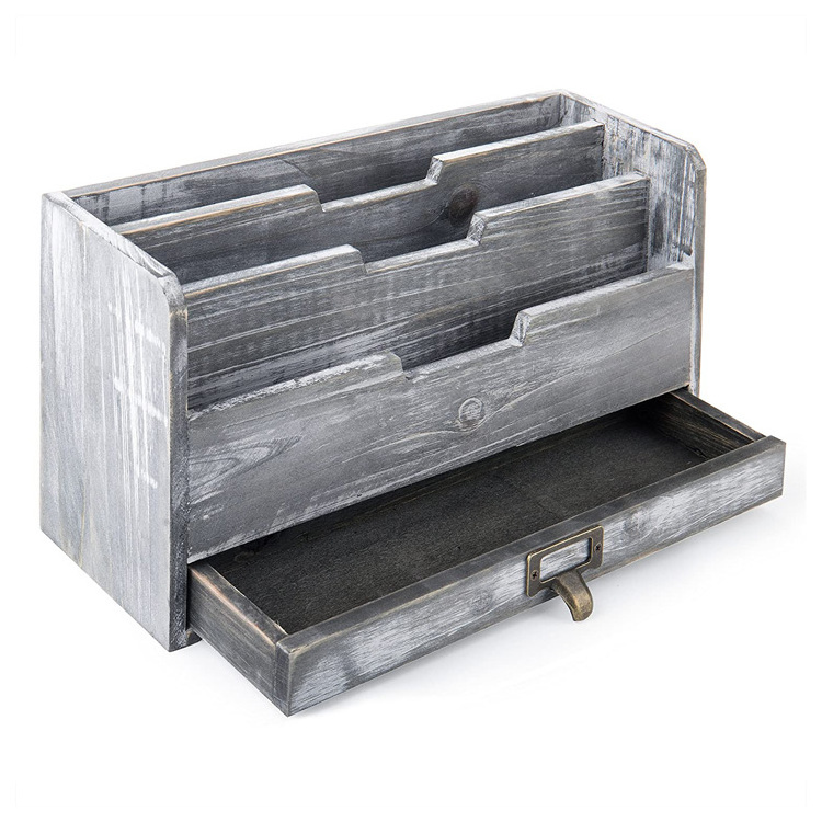 New Design Rustic Gray Wood Desktop Mail Sorter with Pen Pencil Drawer