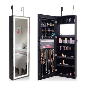 Wall Mount LED Light Mirrored Jewelry Cabinet Storage Glass Jewelry Armoire with Lock