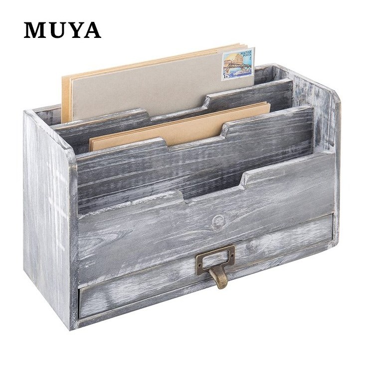 New Design Rustic Gray Wood Desktop Mail Sorter with Pen Pencil Drawer