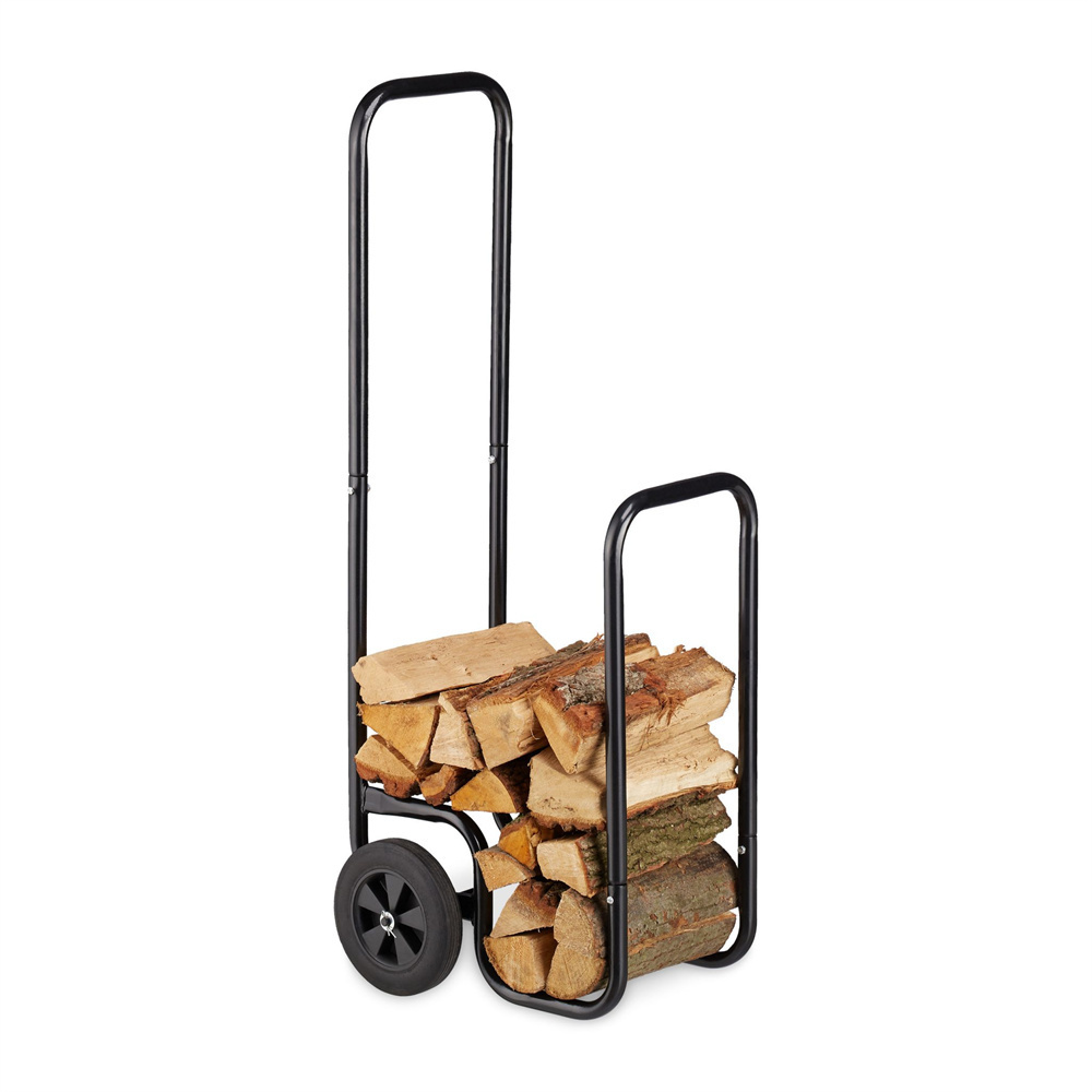 Heavy Duty Firewood Rack Log Cart Metal with Handle Bar and Rubber Wheels