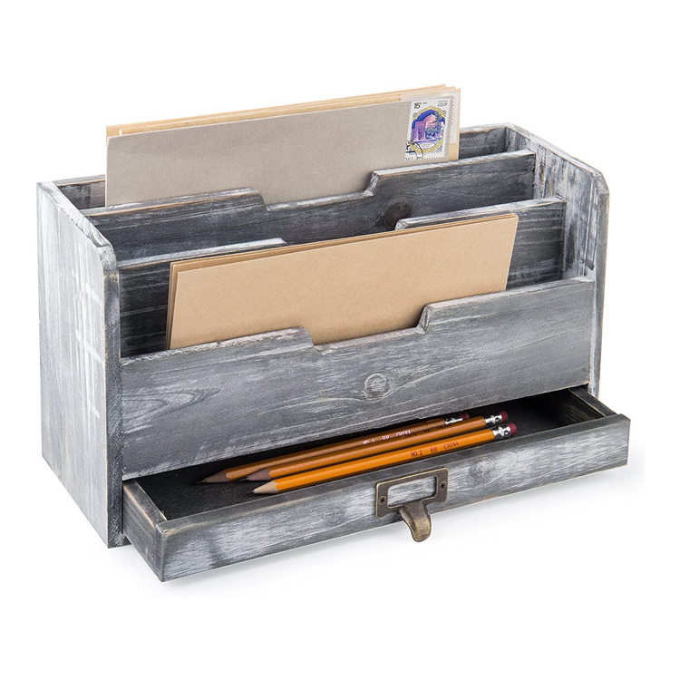 New Design Rustic Gray Wood Desktop Mail Sorter with Pen Pencil Drawer