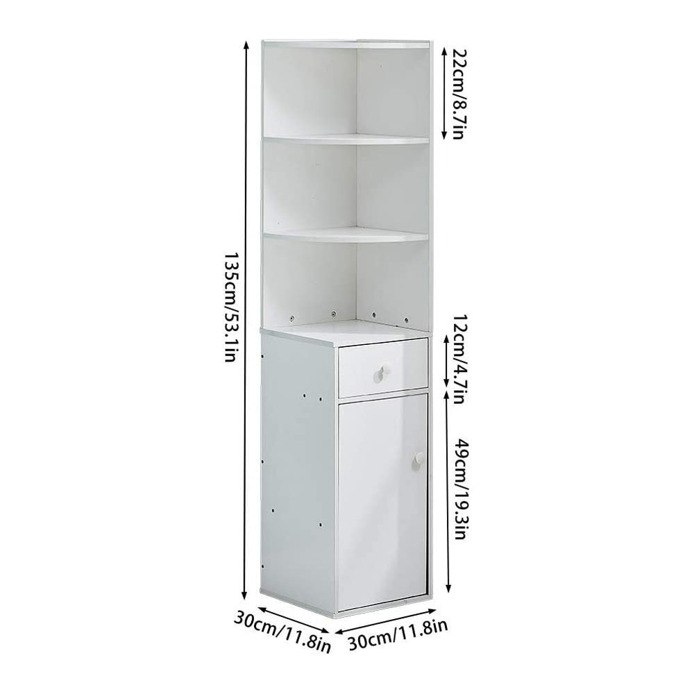 Living Room Wood Slim Bookcase Cabinet with Drawers and 3 Shelves Corner Book Display