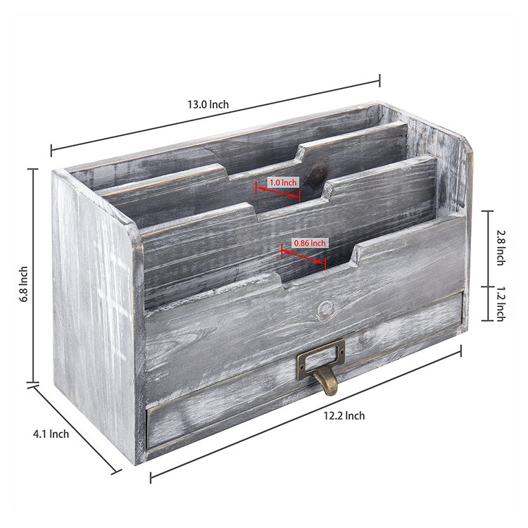 New Design Rustic Gray Wood Desktop Mail Sorter with Pen Pencil Drawer