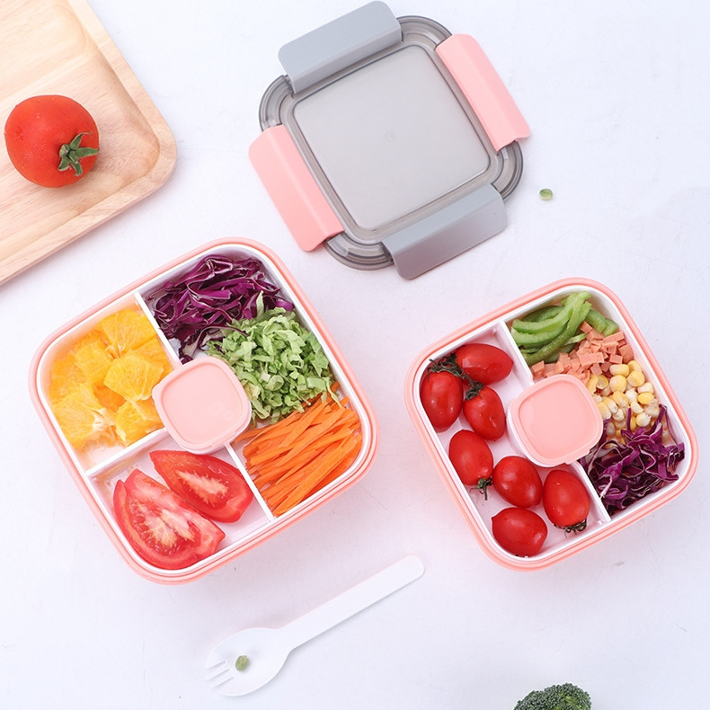 New Plastic Lunch Bento Box with Fork Sauce Box Microwavable Picnic Box Salad Fruit Fresh-keeping