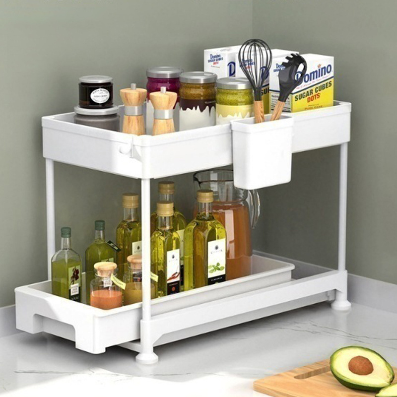 Under Sink Organizer For Kitchen Bathroom 2 Tier Sliding Under Cabinet Organizer Multi-purpose Storage Rack Black White