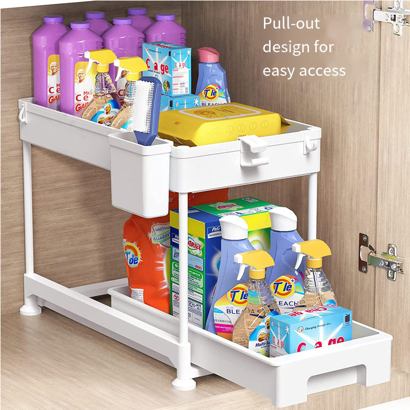 Under Sink Organizer For Kitchen Bathroom 2 Tier Sliding Under Cabinet Organizer Multi-purpose Storage Rack Black White