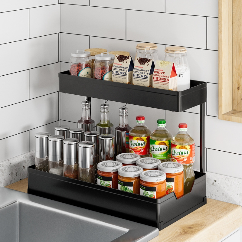 Multifunction Under Sink Organizer Kitchen L-shaped 2 Layers lower Sink Shelving Cabinet Baskets Storage for Bathroom Kitchen