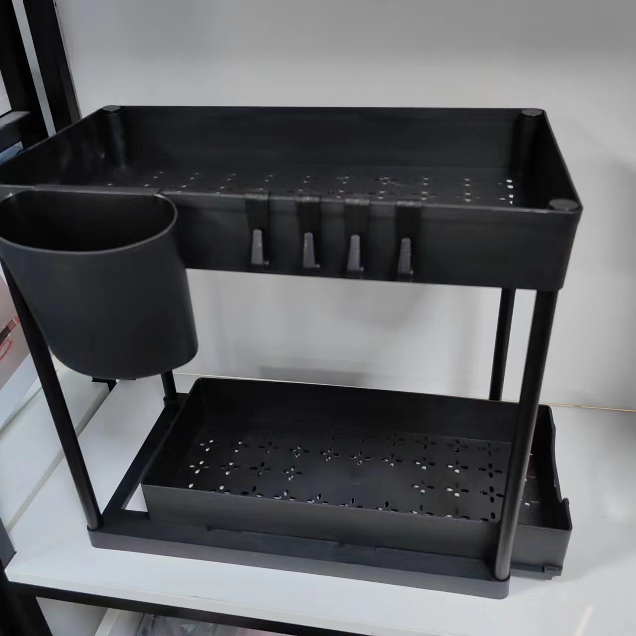 Under Sink Organizer For Kitchen Bathroom 2 Tier Sliding Under Cabinet Organizer With Cup Hook Multi-purpose Storage Rack