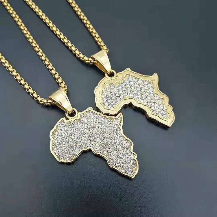 Hot selling rhinestone 18k gold plated stainless steel Africa map crystal necklace