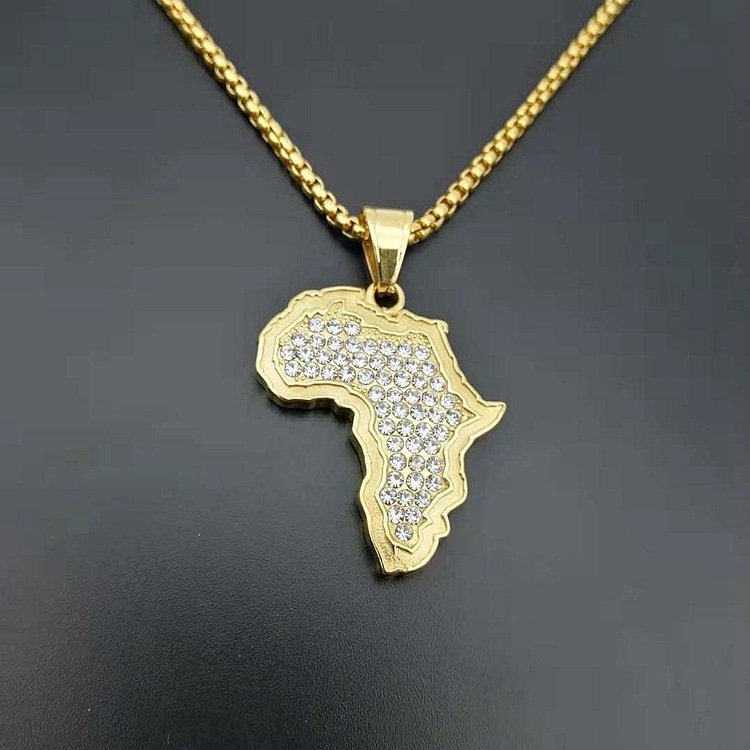 Hot selling rhinestone 18k gold plated stainless steel Africa map crystal necklace