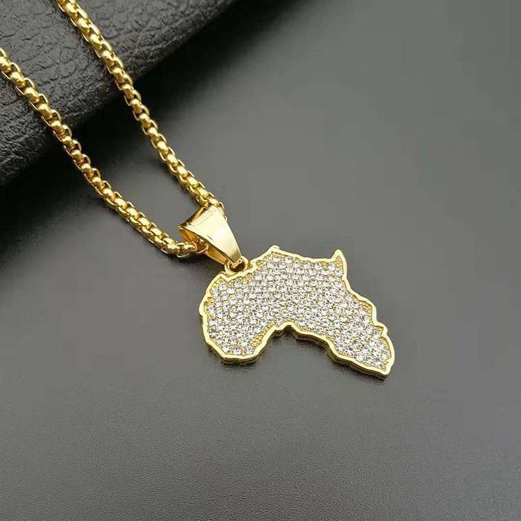 Hot selling rhinestone 18k gold plated stainless steel Africa map crystal necklace