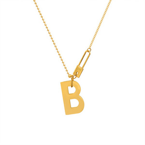 Customize B Alphabet initial letter necklace stainless steel padlock pendant pearl beaded cuban link chain necklaces jewelry