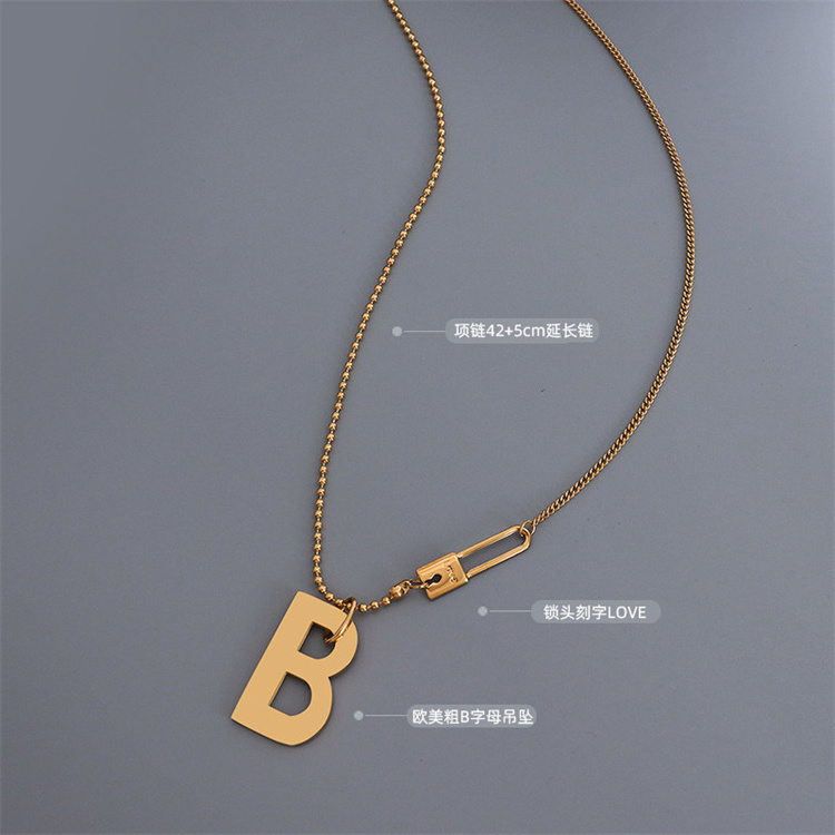 Customize B Alphabet initial letter necklace stainless steel padlock pendant pearl beaded cuban link chain necklaces jewelry