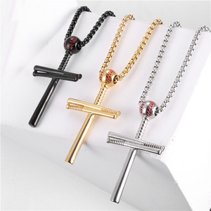 American design mens religious jewelry stainless steel baseball cross pendant necklace with box chains